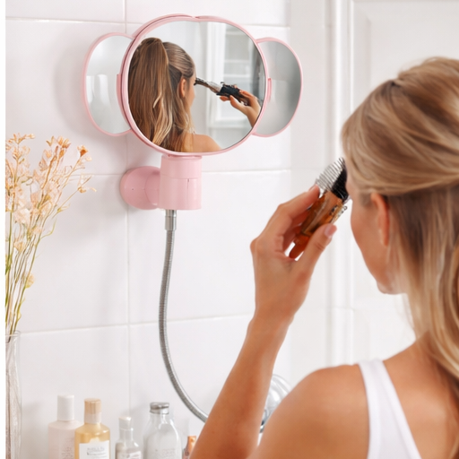Woman applying makeup in front of a pink vanity mirror with lights.