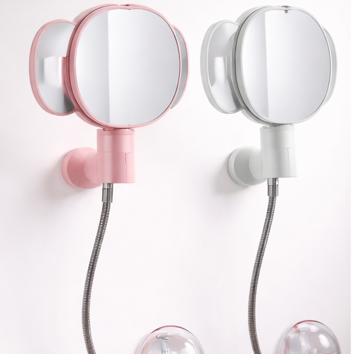 Two handheld shower mirrors with flexible arms on a white background